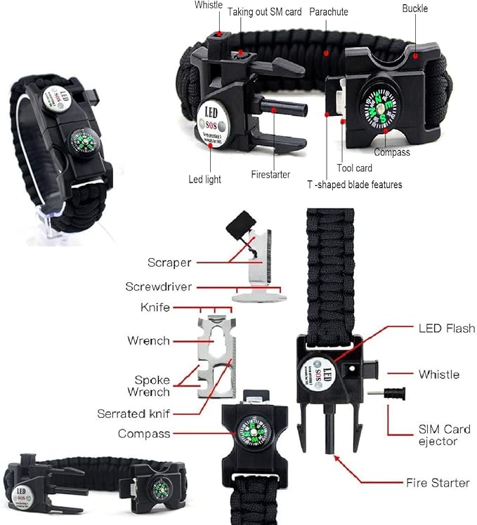 Multifunctional Paracord Survival Bracelet – SOS LED, Knife, Whistle, Compass – Outdoor Camping Emergency Equipment