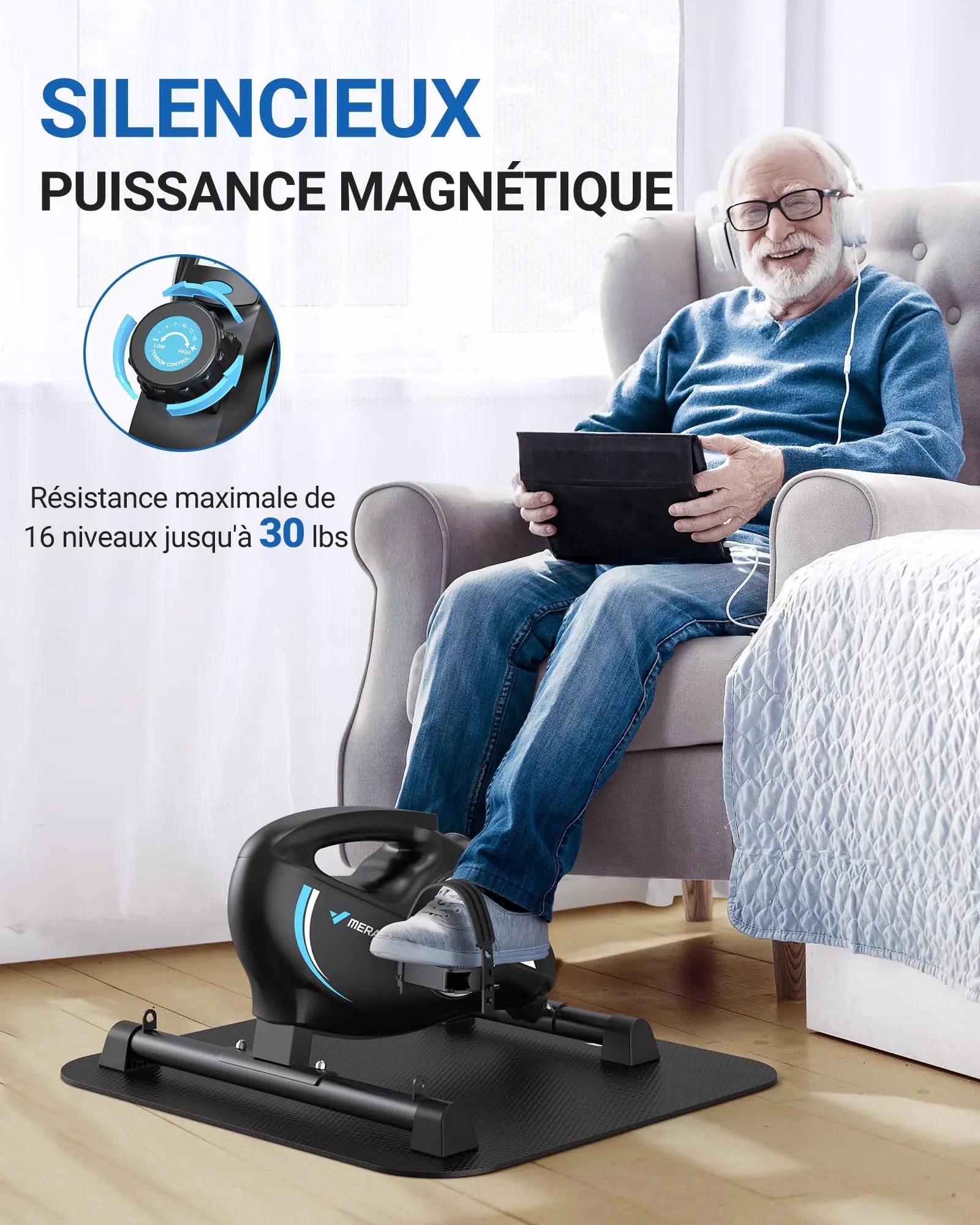 Pédalier d'Exercice Sous Bureau MERACH – Vélo Magnétique Silencieux avec App et Bandes de Résistance pour Bras/Jambes, Récupération Physique