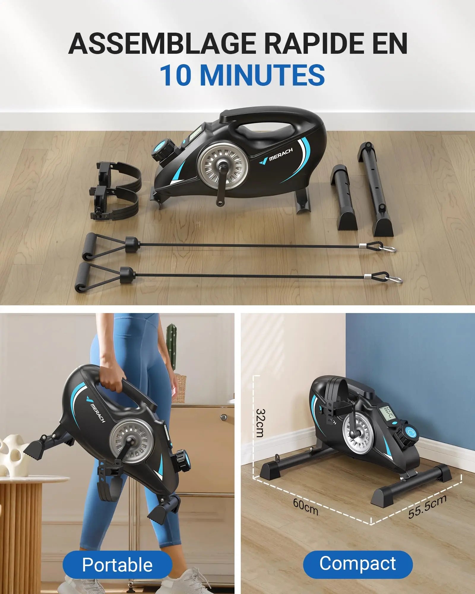 MERACH Under-Desk Exercise Pedals – Silent Magnetic Bike with App and Resistance Bands for Arms/Legs, Physical Recovery