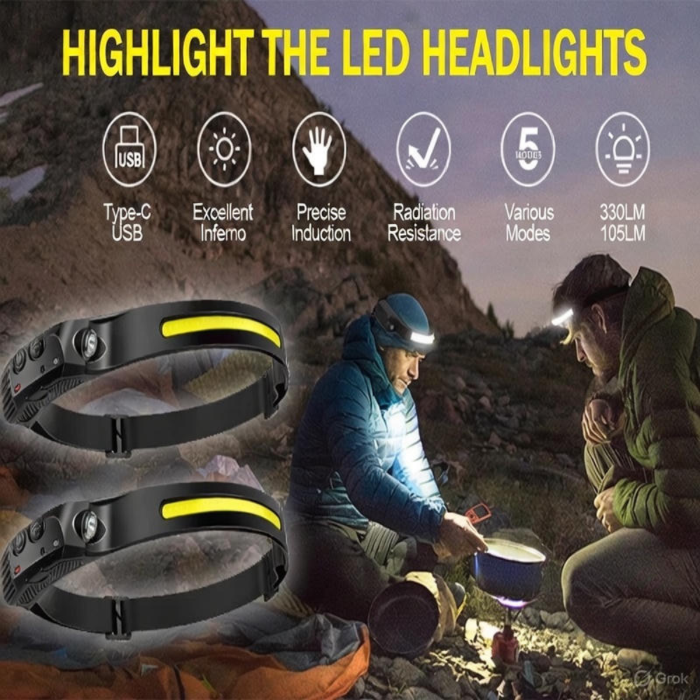 Lampe Frontale à Capteur LED Rechargeable USB | Mains-Libres avec 6 Modes Lumineux