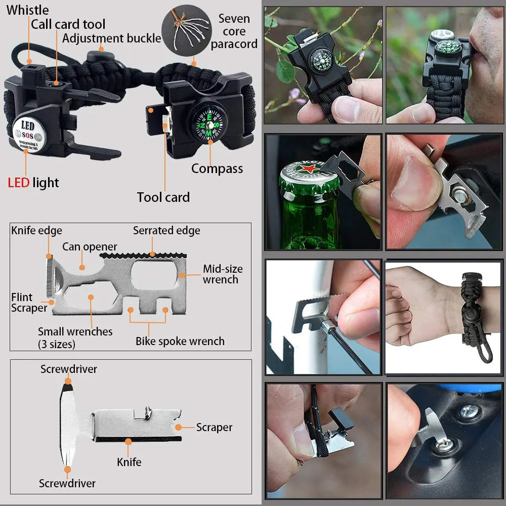 Multifunctional Paracord Survival Bracelet – SOS LED, Knife, Whistle, Compass – Outdoor Camping Emergency Equipment
