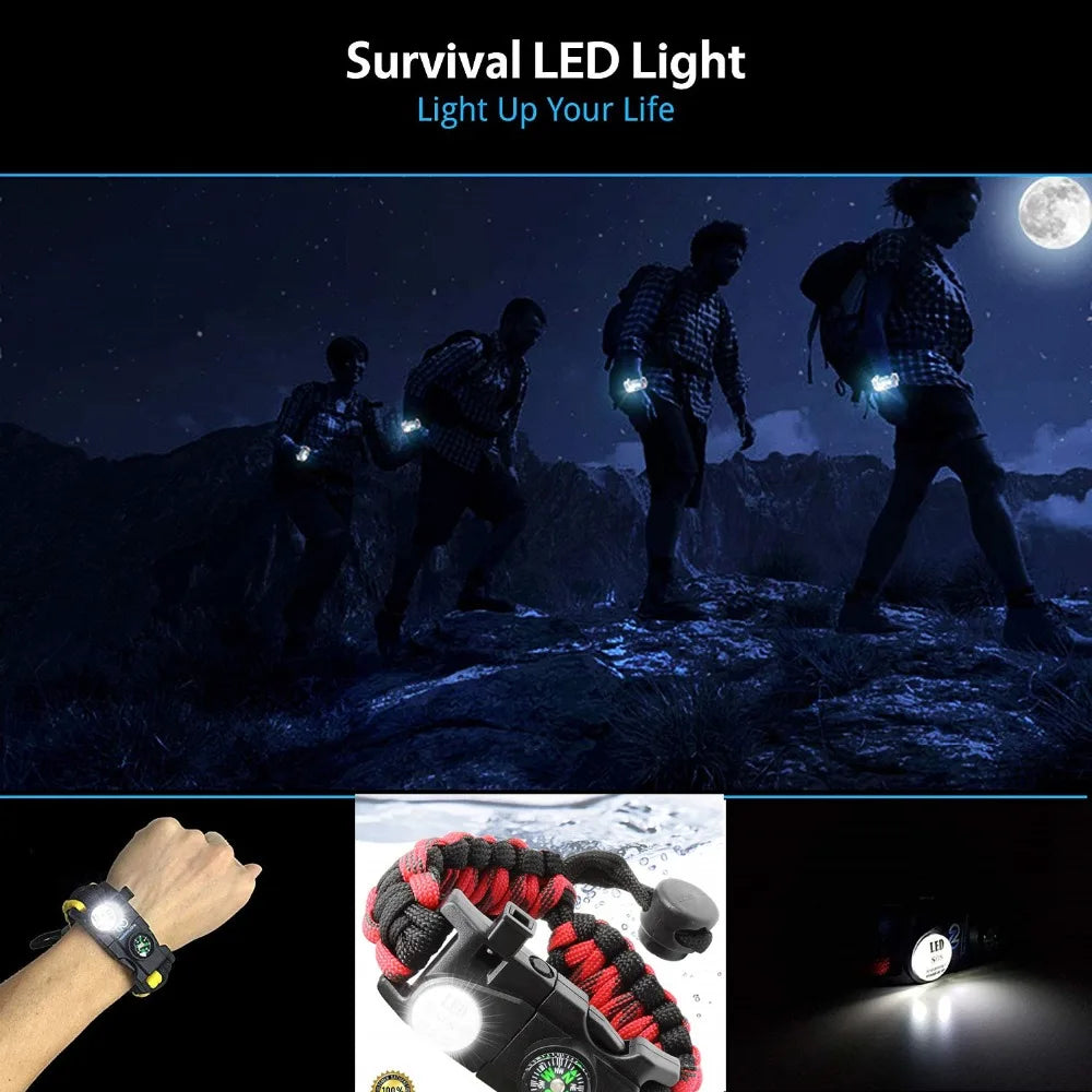 Multifunctional Paracord Survival Bracelet – SOS LED, Knife, Whistle, Compass – Outdoor Camping Emergency Equipment