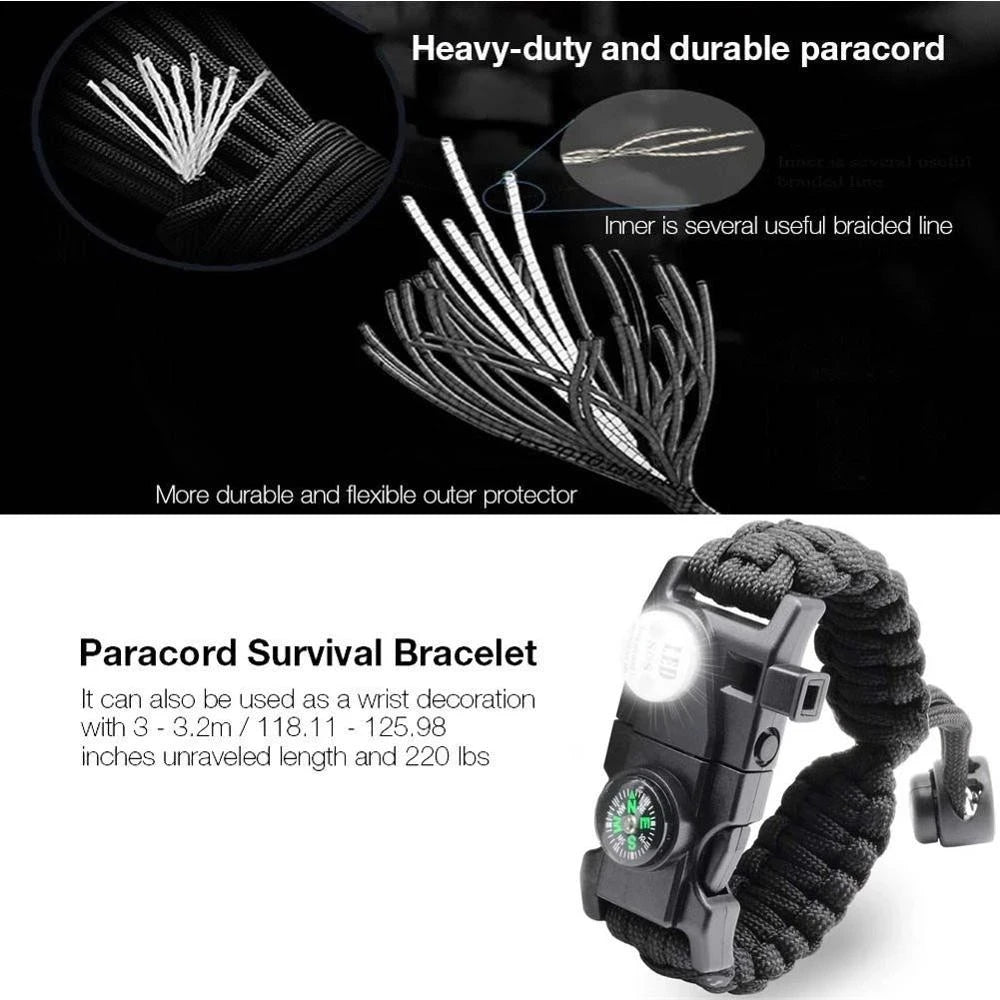 Multifunctional Paracord Survival Bracelet – SOS LED, Knife, Whistle, Compass – Outdoor Camping Emergency Equipment