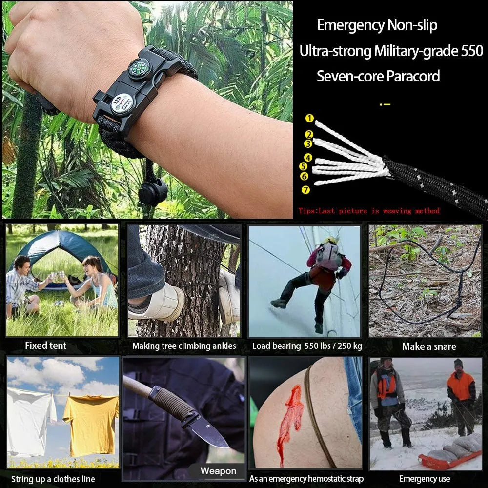 Multifunctional Paracord Survival Bracelet – SOS LED, Knife, Whistle, Compass – Outdoor Camping Emergency Equipment