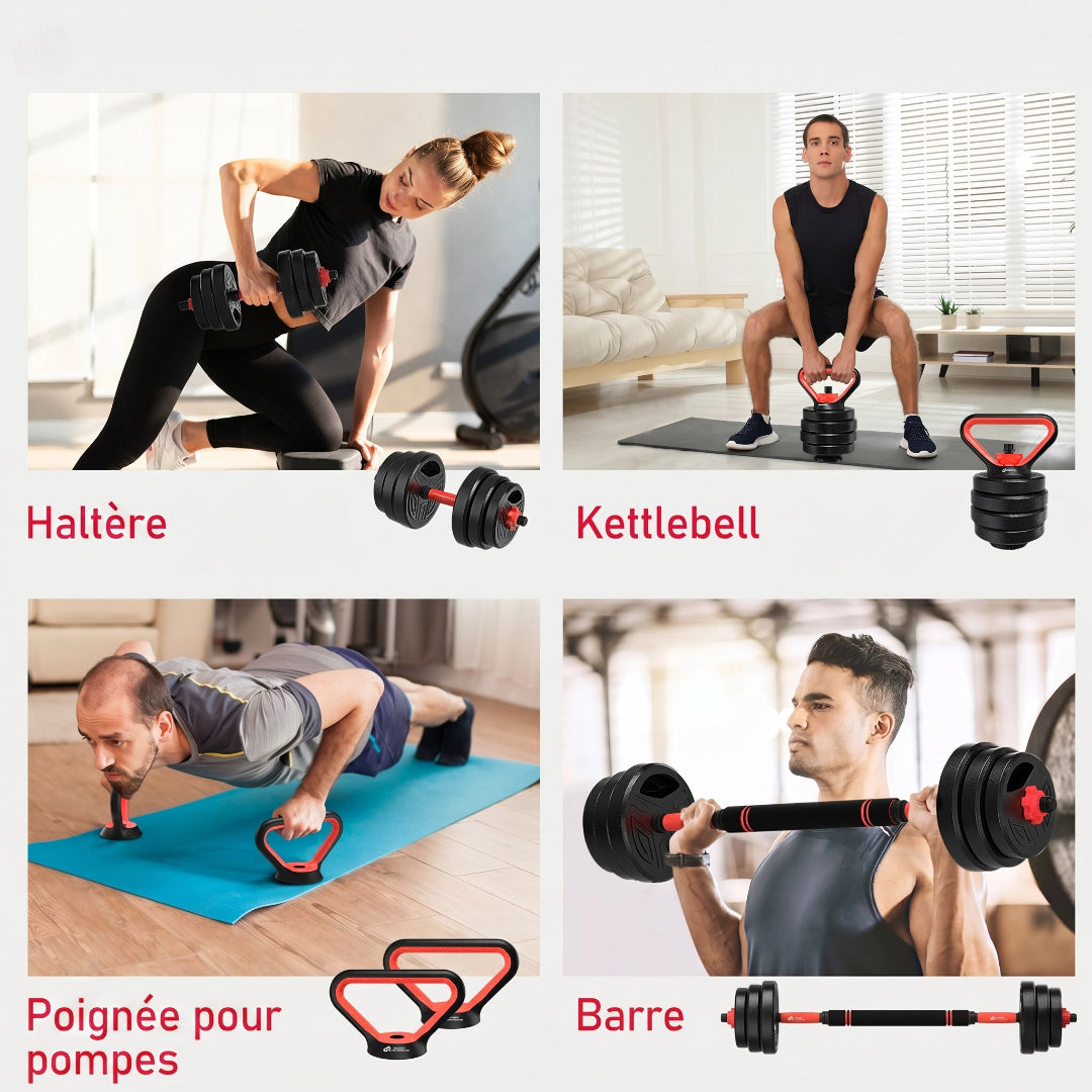 Kit haltères ajustables 20kg 4-en-1