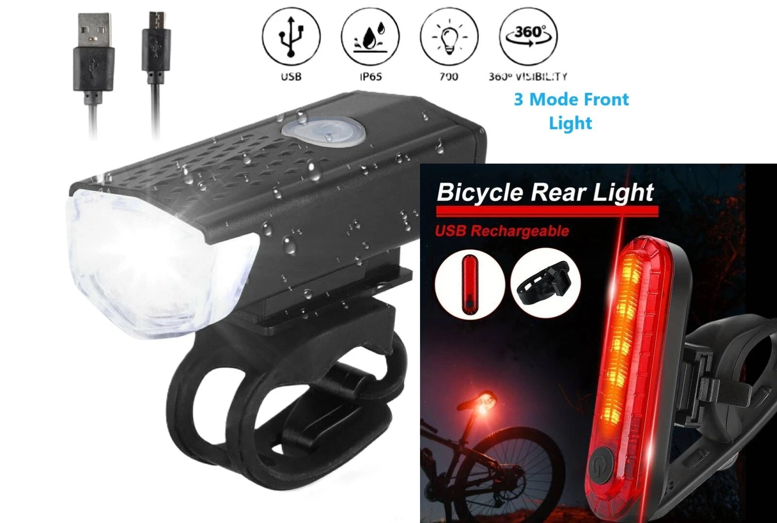 Ensemble Lumières Vélo Rechargeables USB – Lampe Avant Blanche et Arrière Rouge, Éclairage LED Sécurité Nuit pour Vélo Route/VTT