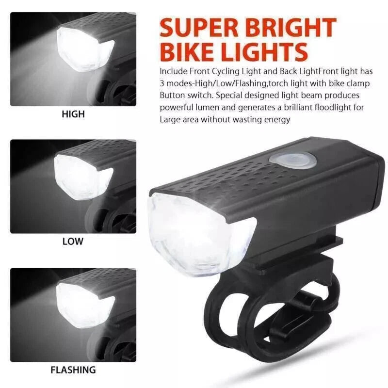 USB Rechargeable Bike Lights Set – White Front Light and Red Rear Light, Night Safety LED Lighting for Road/Mountain Bikes